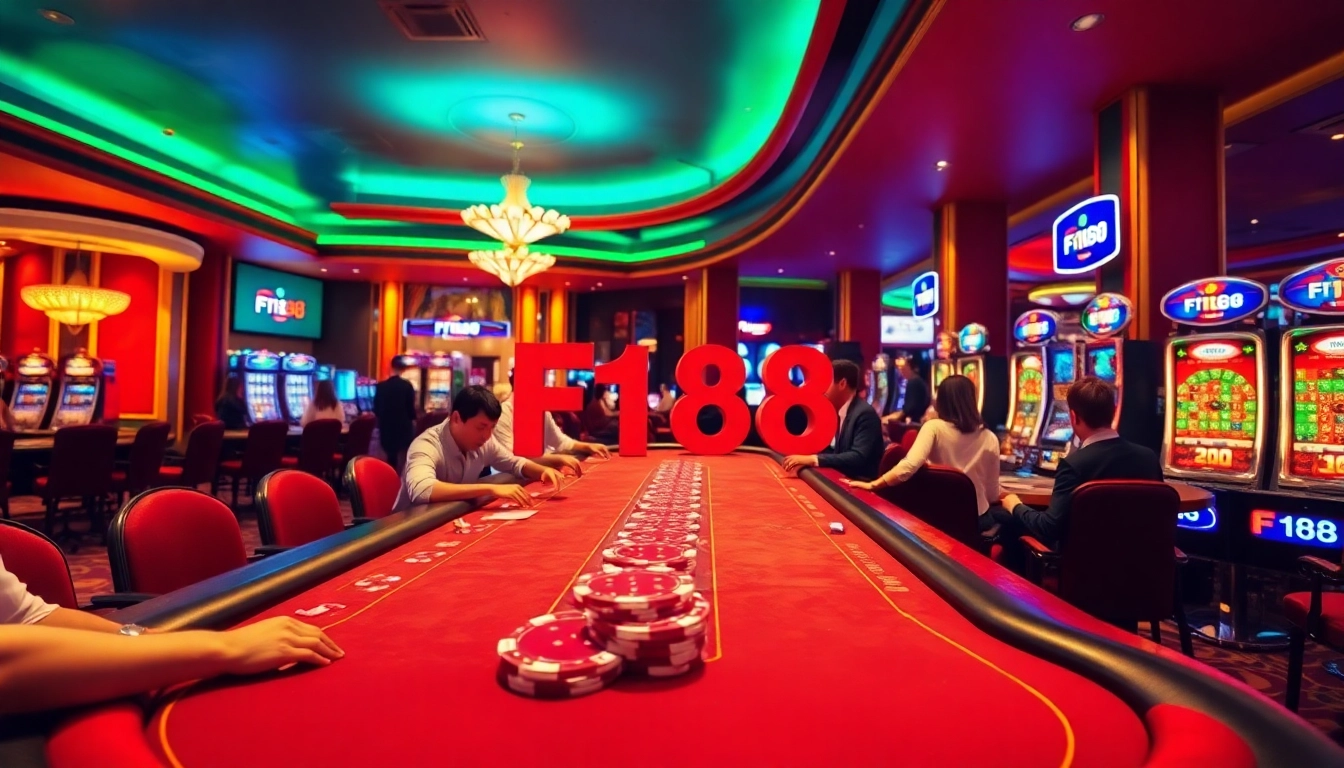 Experience F168 excitement with lively casino tables and engaging players in a vibrant atmosphere.