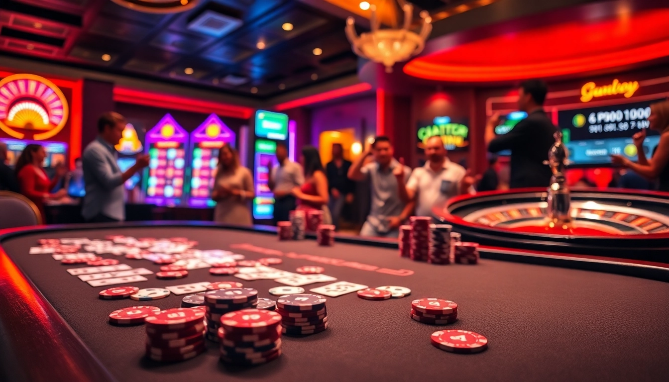 Experience the thrill of gambling with the vibrant casino atmosphere at https://www.fly888.club/ showcasing poker tables and slot machines.