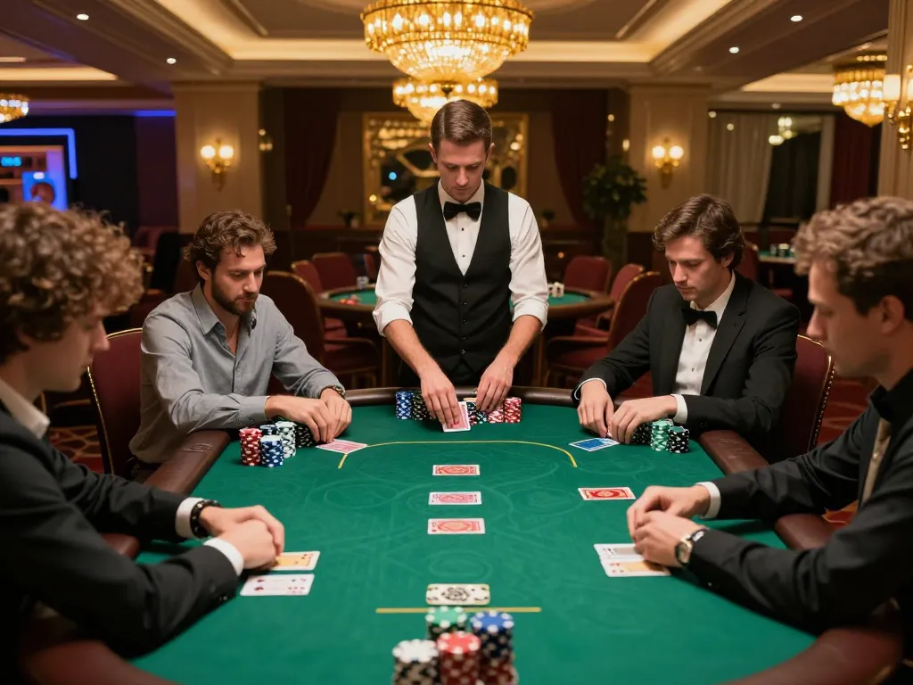 KING79 high-stakes poker game in upscale casino, showcasing strategic gameplay and intense focus.