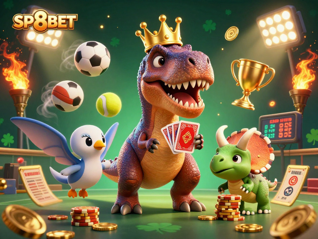 SP8BET offers a vibrant scene of a T-Rex shuffling cards with a pterodactyl, highlighting thrilling online gaming.