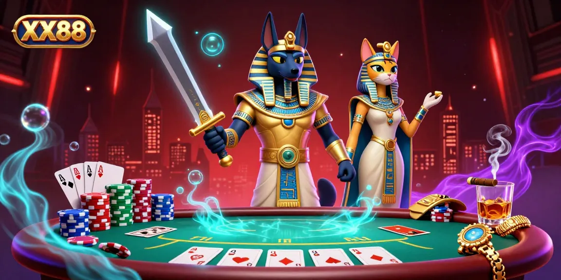 Experience the thrill of XX88 with Anubis and Bastet amidst a vibrant casino scene filled with poker action.