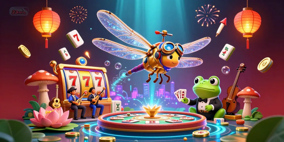 Join the 23win experience with vibrant slot games and thrilling casino action in a lively digital illustration.