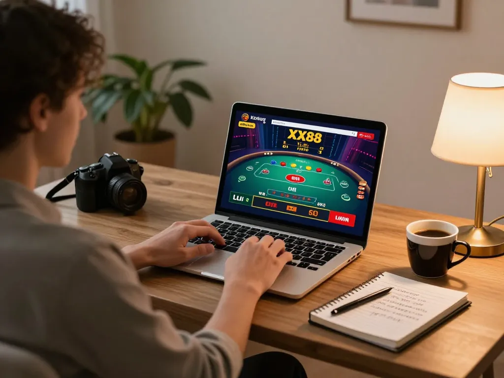 Player engaging with the XX88 online casino platform, showcasing a relaxed and strategic gaming environment.