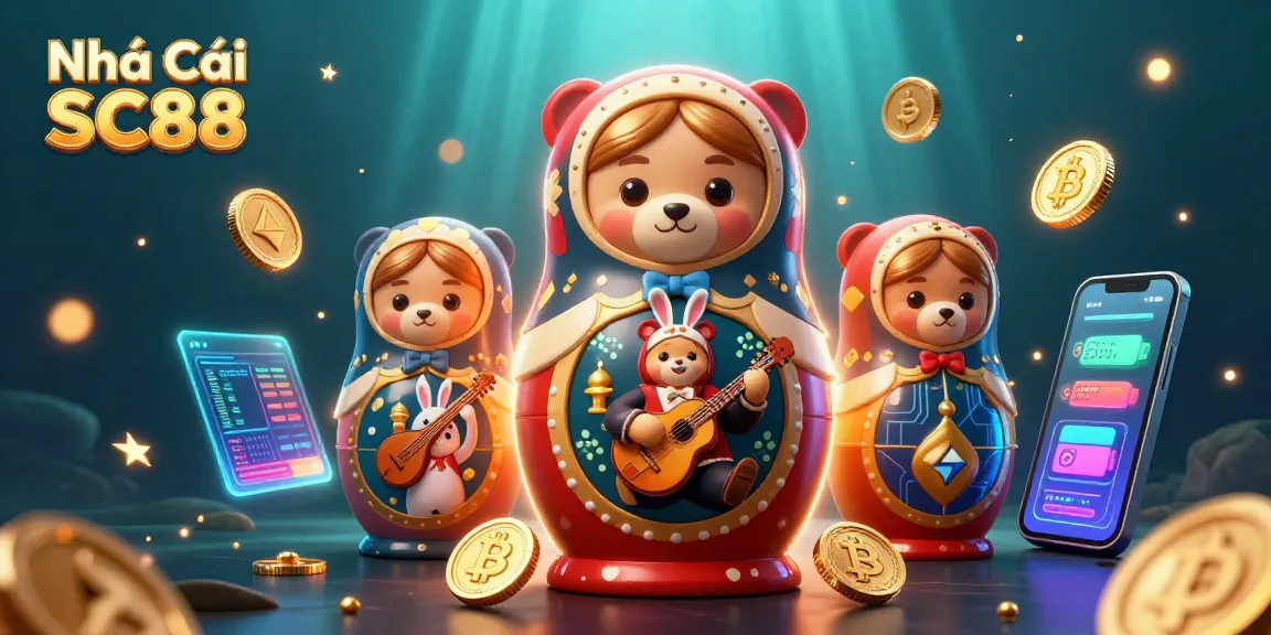 Play exciting games with Nhà Cái SC88 while enjoying vibrant casino-themed scenes and crypto elements.