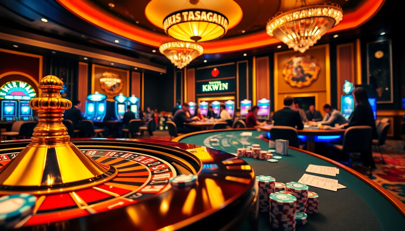Engaging casino game scene showcasing kkwin with poker chips and roulette wheel.