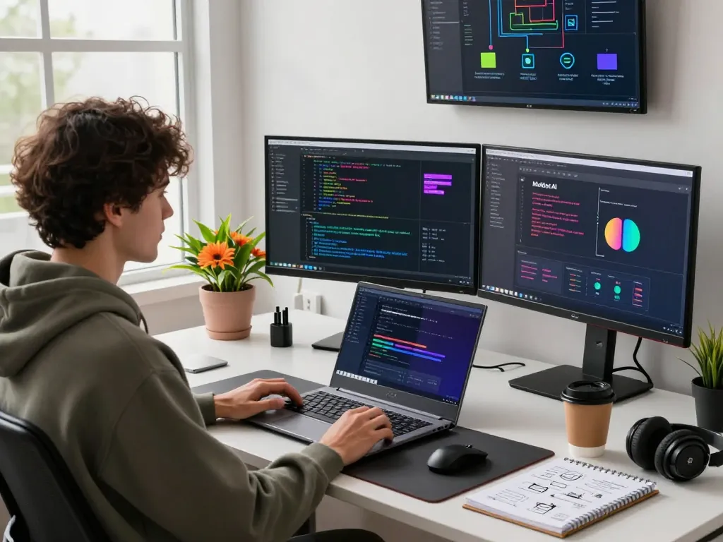MoltBot AI displayed on dual monitors in a modern workspace, showcasing innovative task automation and coding integration.