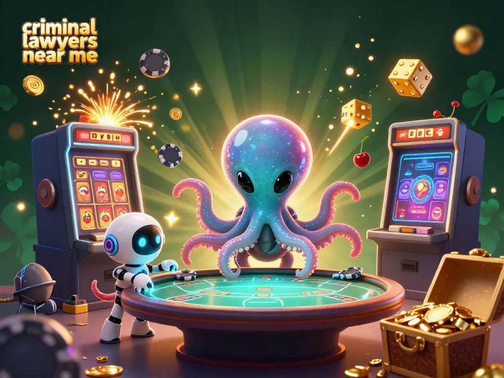 Experience thrilling gameplay with criminal lawyers near me in this vibrant casino scene featuring an octopus and robot.