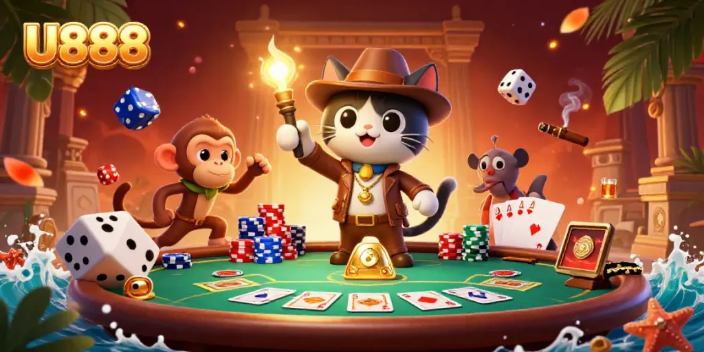 Engage with thrilling U888 casino adventures featuring cartoon archaeologist cat and monkey.