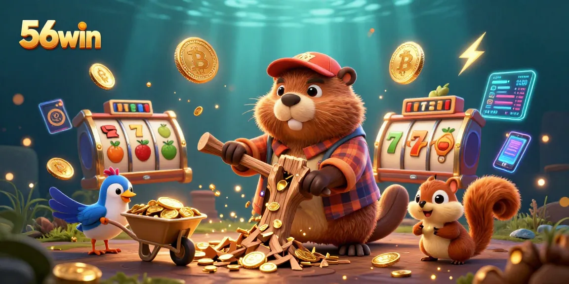 Join the fun at 56win with a 3D beaver chopping a tree raining gold coins, showcasing thrilling slots action.
