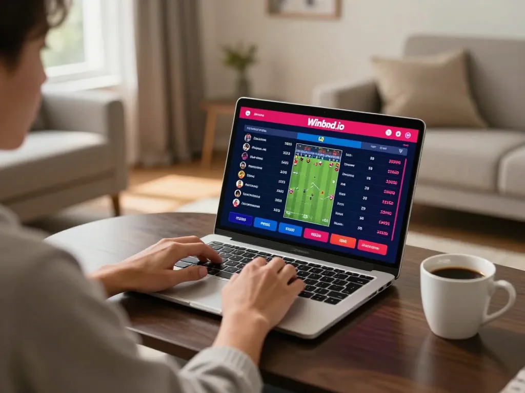 Enjoying online sports betting on Winbd.io with a laptop and coffee in a cozy home setting.