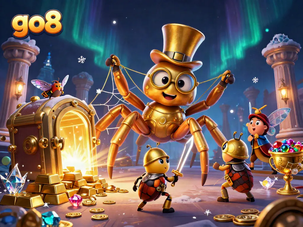 Experience the enchanting go8 casino with a golden tarantula and brave knight, overflowing with treasures.