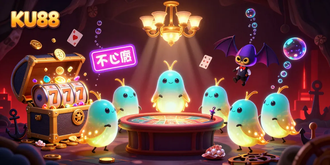 Experience the lively KU88 casino scene with glowing slot reels, illuminated glowworms, and a bat dealer.