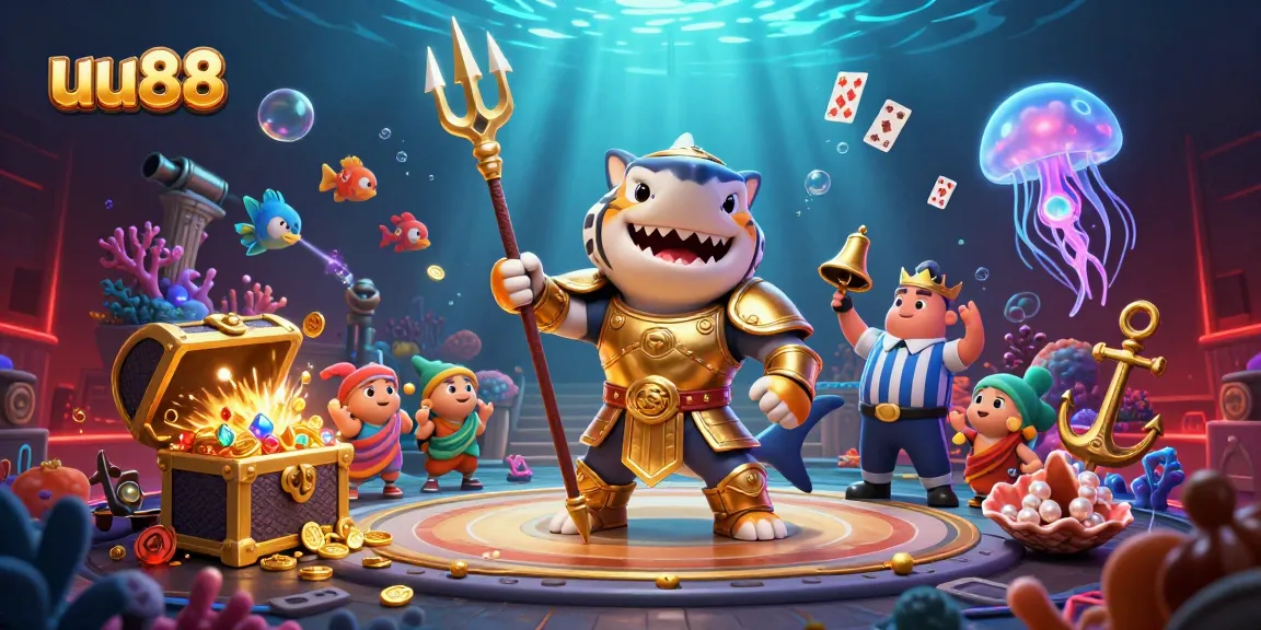 Experience thrill at uu88's underwater colosseum with a fearsome golden gladiator shark in action.
