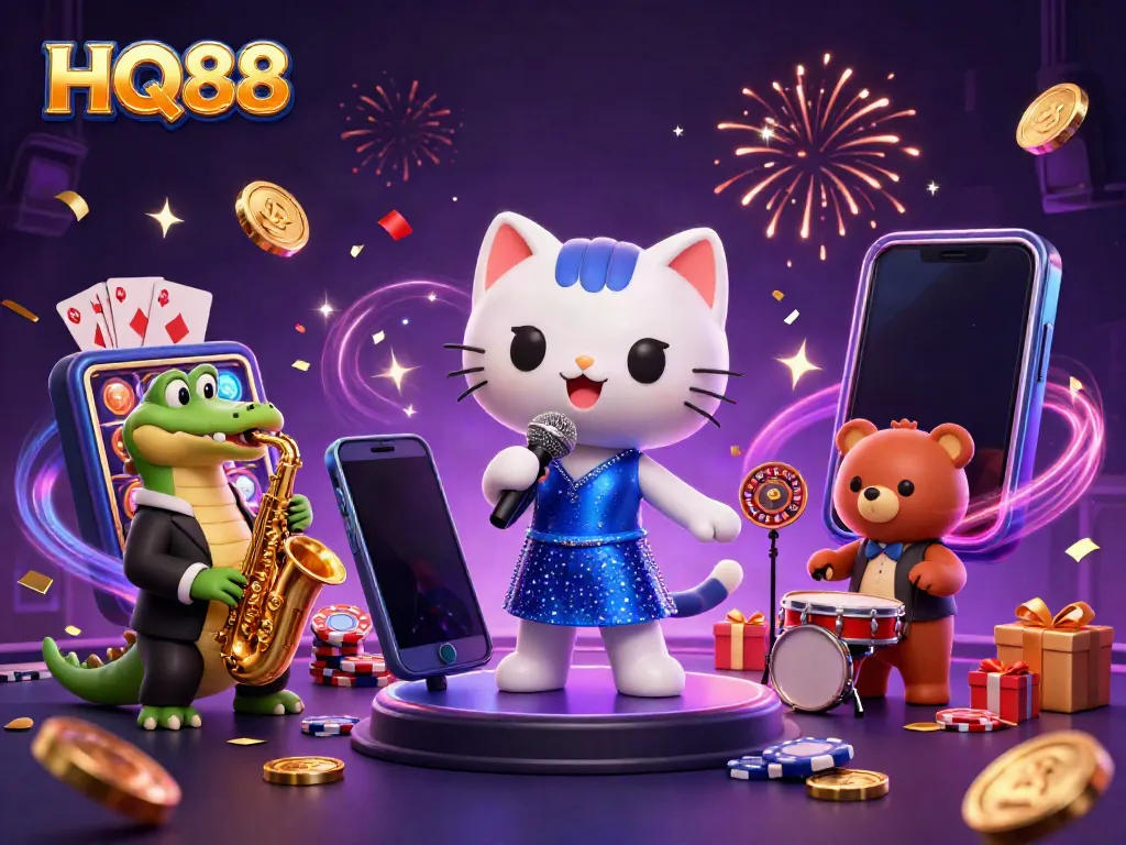 Experience exciting casino action with HQ88 featuring vibrant characters and games like slots and roulette.