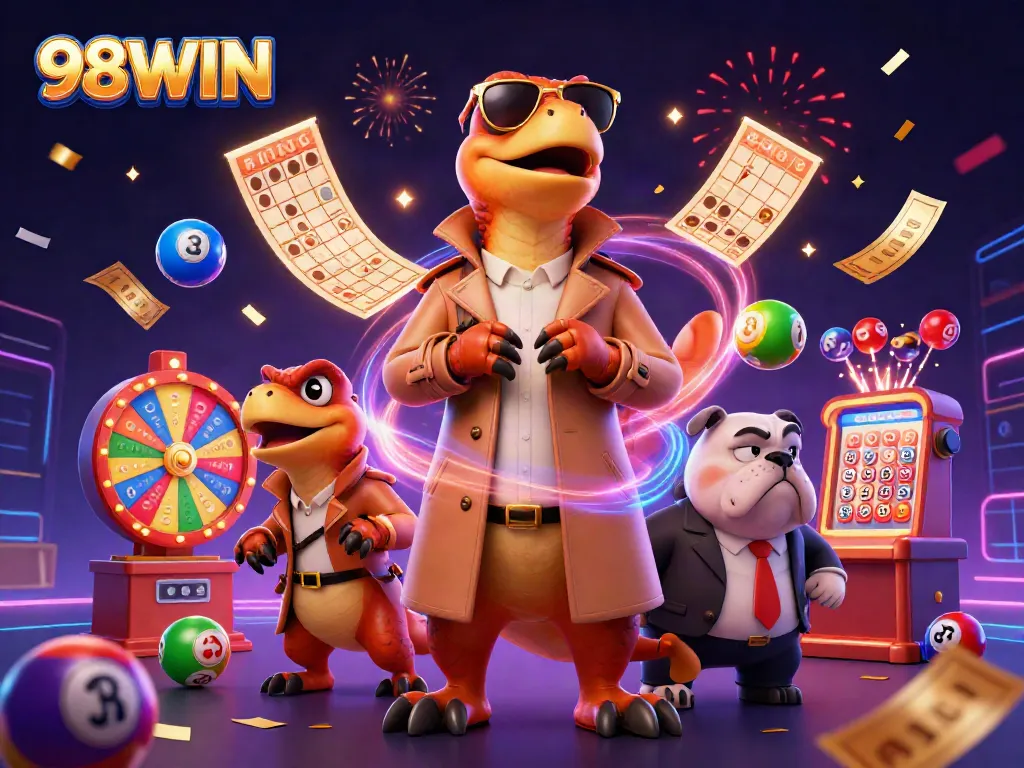 Experience excitement at 98WIN with colorful lottery balls and a raptor duo entering a VIP casino.
