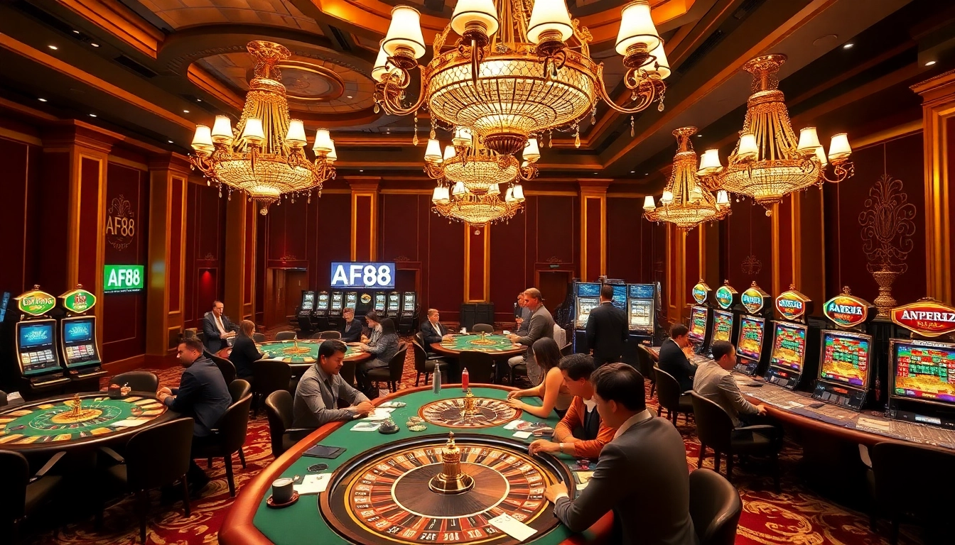 Engage with the excitement of AF88 in a lavish casino setting, featuring poker and slots.