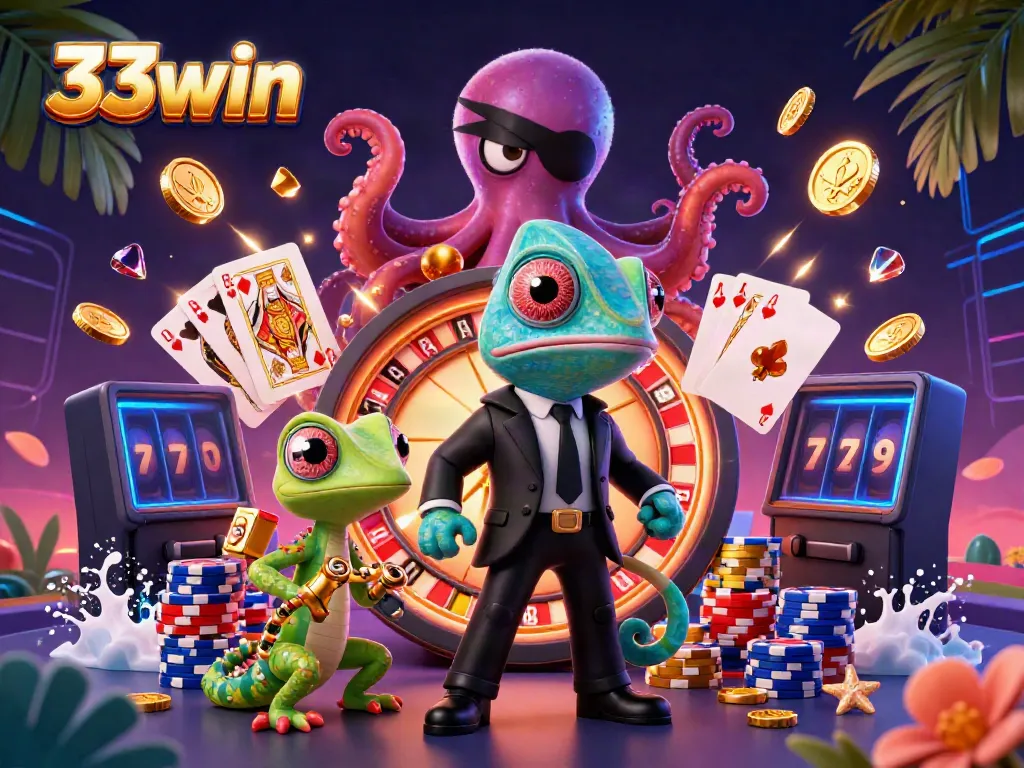 Experience the excitement of 33win with a vibrant scene of casino elements like roulette and golden coins.