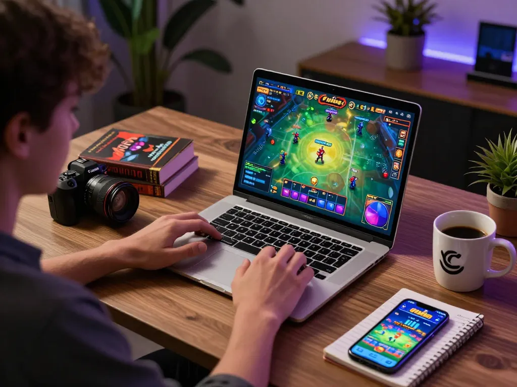 Xóc Đĩa Online gameplay setup showing a player engaged with a laptop while studying strategy notes.