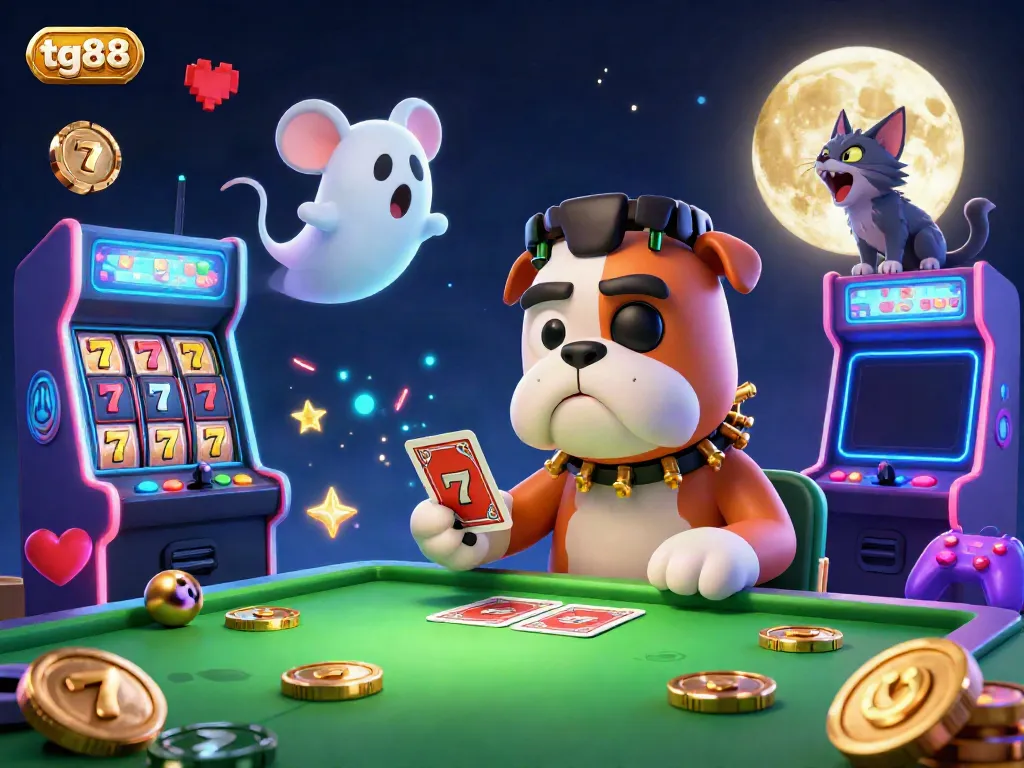 Engage in thrilling gameplay at tg88 with vibrant illustrated characters in a spooky casino setting.