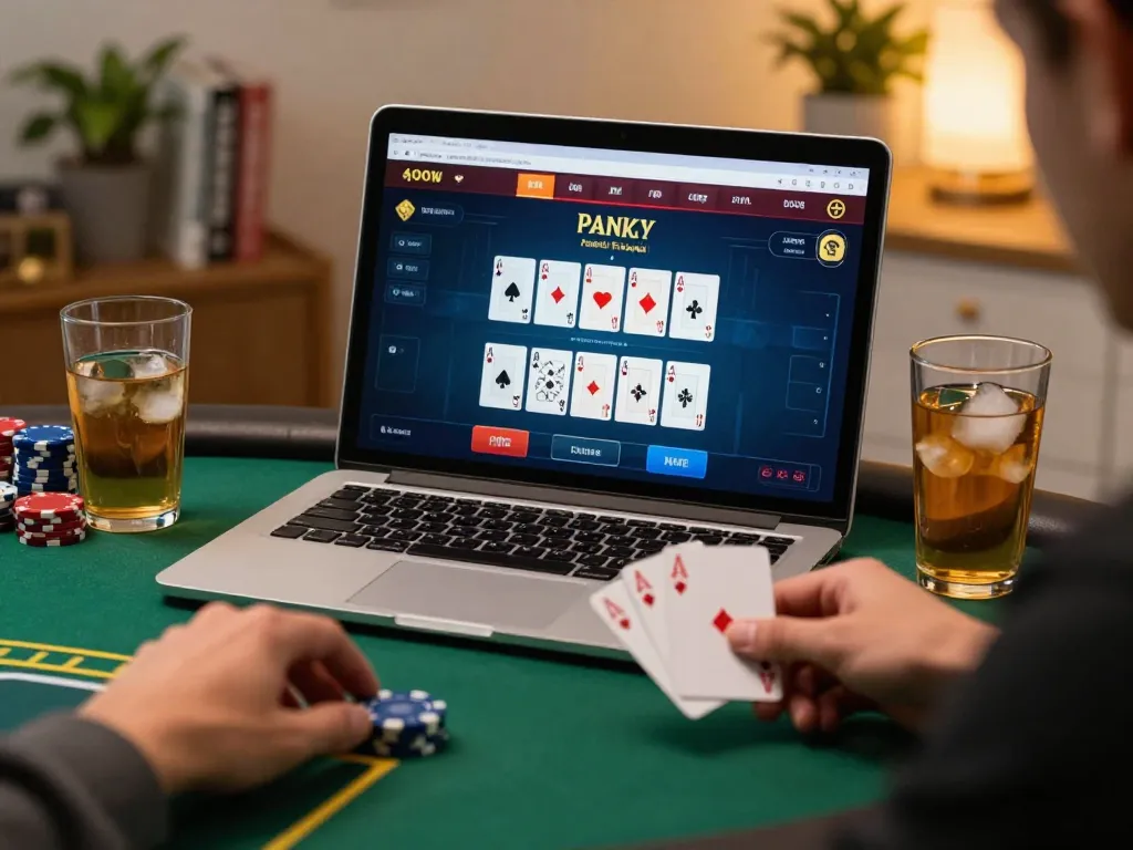 Player analyzing cards in hitclub online poker game at home, highlighting strategic bankroll management.