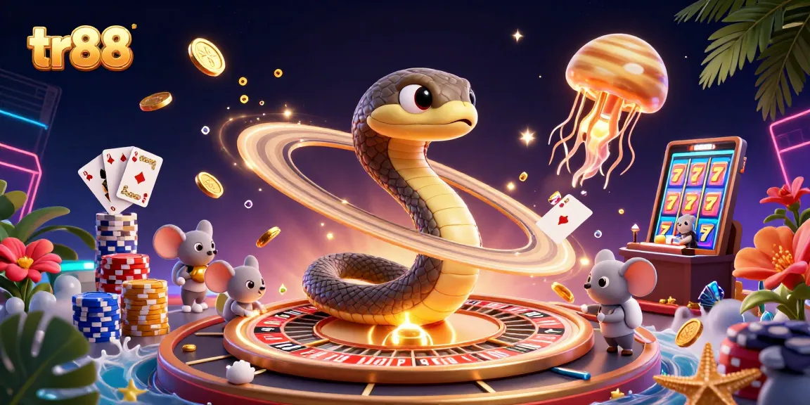 Place bets with TR88 at a vibrant cosmic casino illustration featuring interactive games and rich rewards.