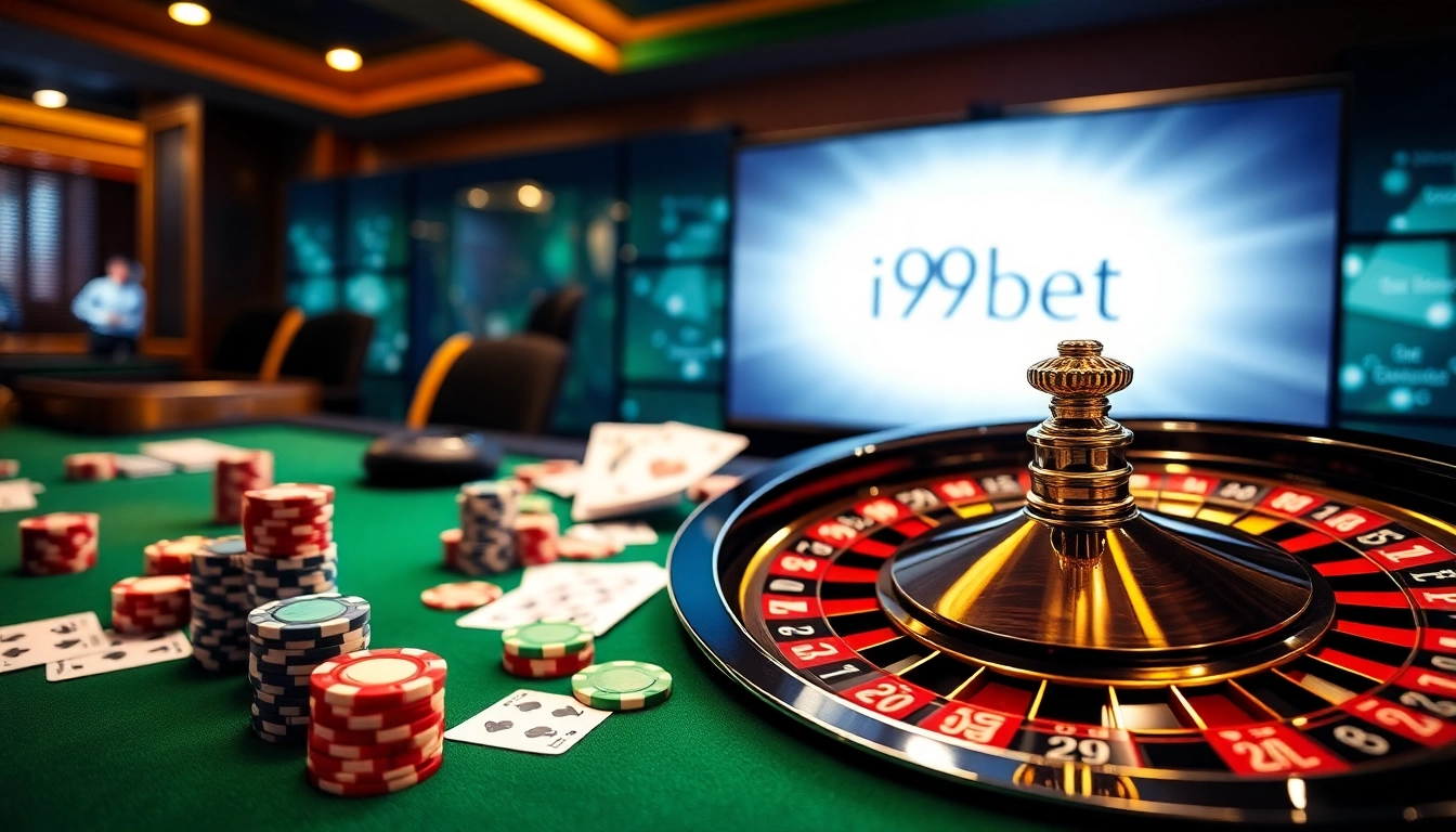 Engaging scene of gamblers playing at an i9bet online casino, featuring cards and chips.