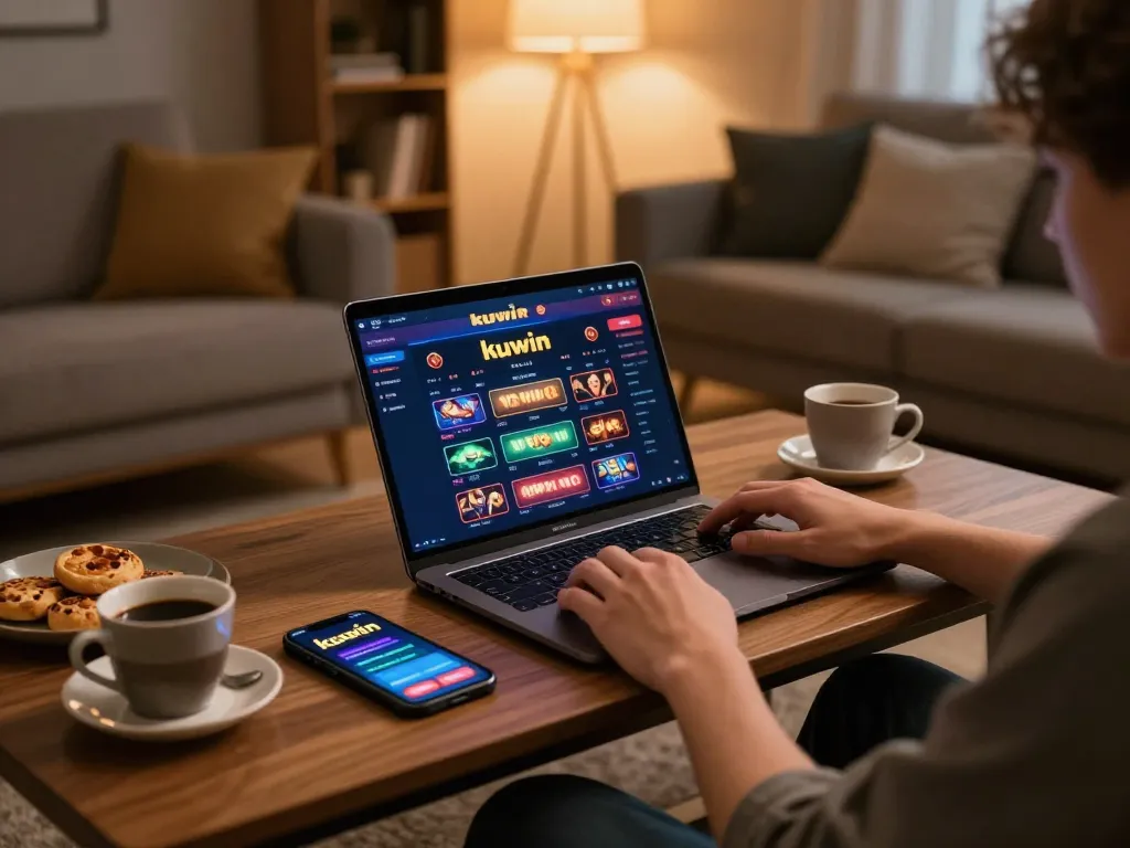 Person playing kuwin casino games on a laptop at home, warm atmosphere with snacks and drinks