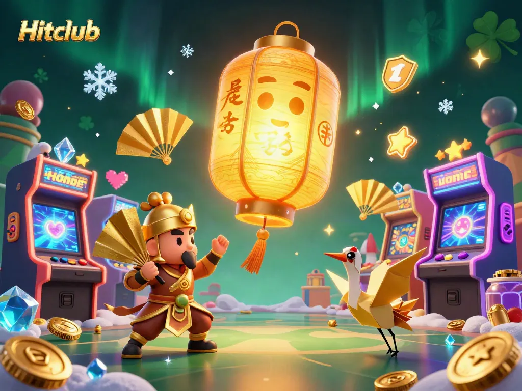 Hitclub's vibrant casino scene features a glowing lantern spirit surrounded by gaming elements and lucky symbols.