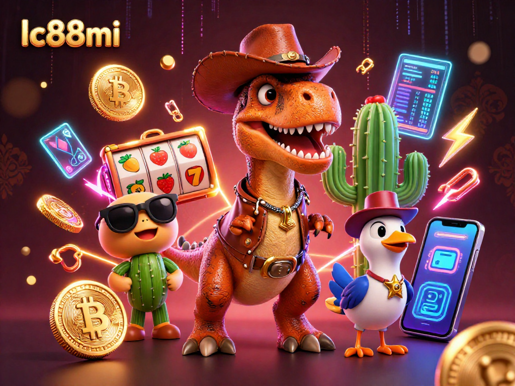 Engage with exciting games at lc88mi featuring a T-Rex and friends in a vibrant casino scene.