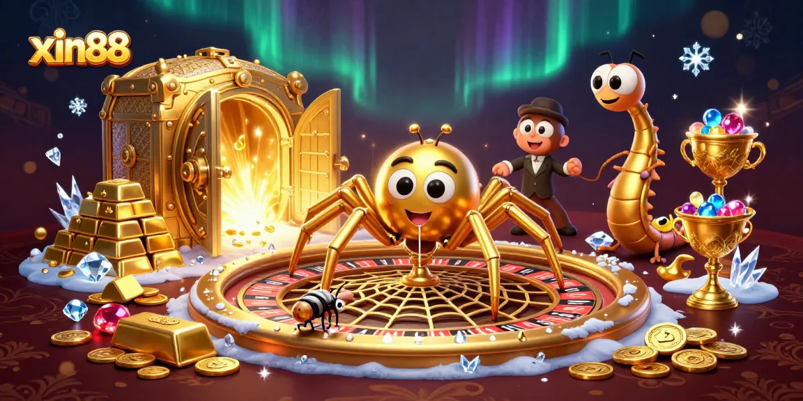 Place bets on xin88, where a golden web roulette spins, featuring a fly and centipede croupier in an elaborate setup.