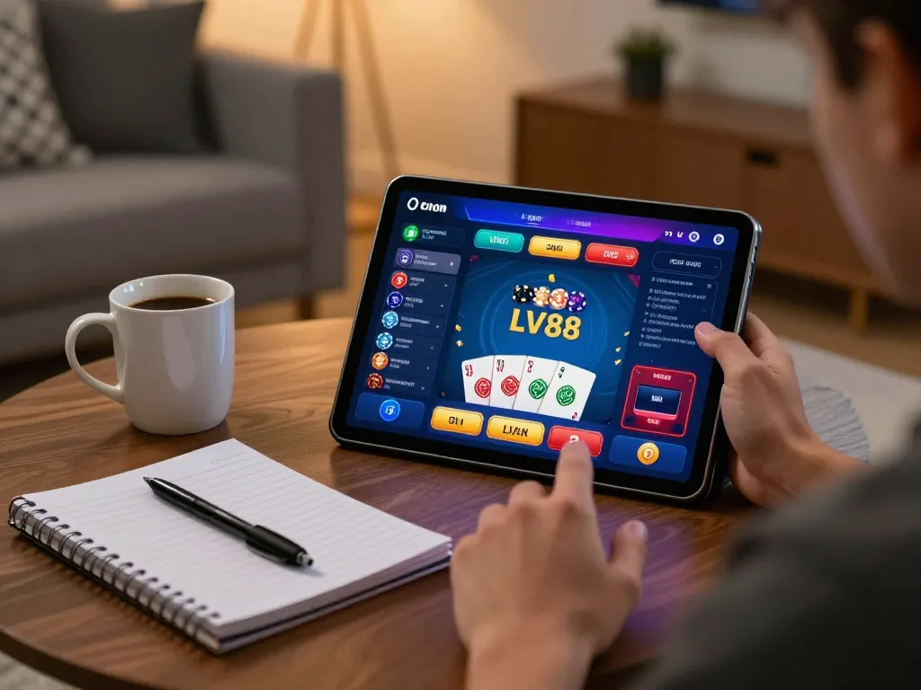 Player enjoying a session on LV88 app in a comfortable home setting, strategizing for an engaging online gaming experience.