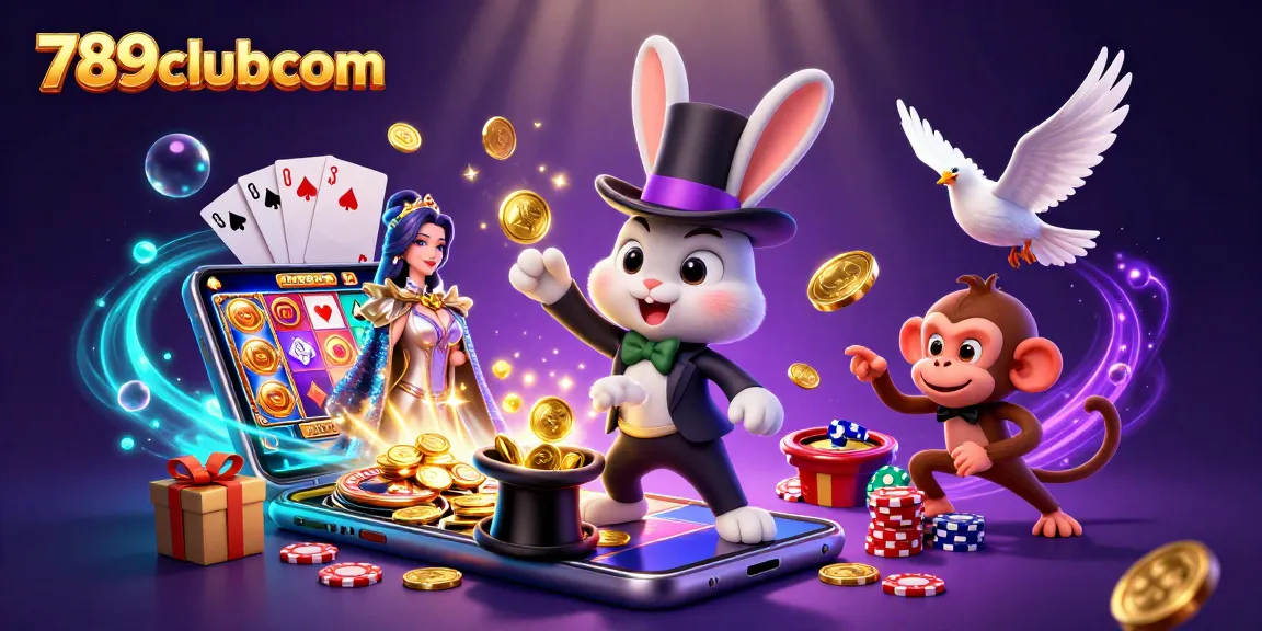 Engage with the vibrant world of 789clubcom as the magician pulls coins from a top hat amid slot games and poker chips.