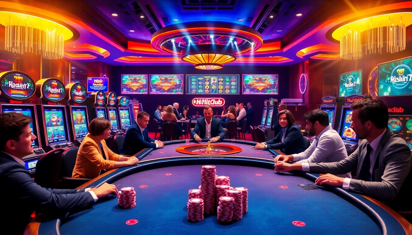 Hitclub gaming scene with players at a luxurious poker table amidst vibrant slot machines.