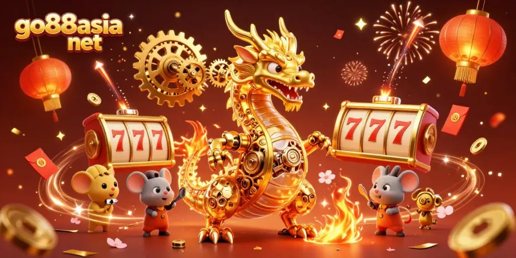 Join the thrilling gaming adventure at go88asia net with a golden dragon breathing gears and vibrant casino elements.