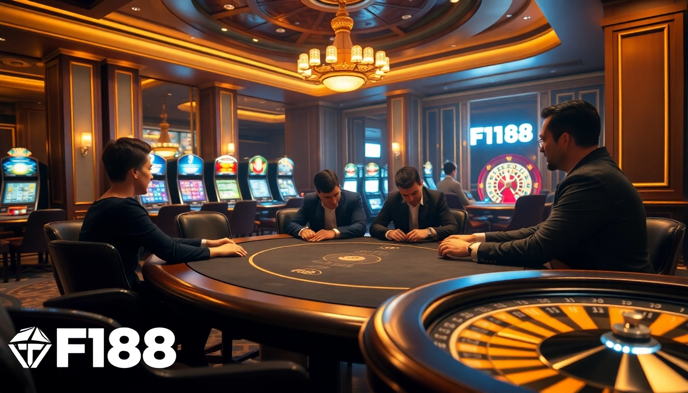 Experience the excitement of F168 at a luxurious poker table in a vibrant casino setting.
