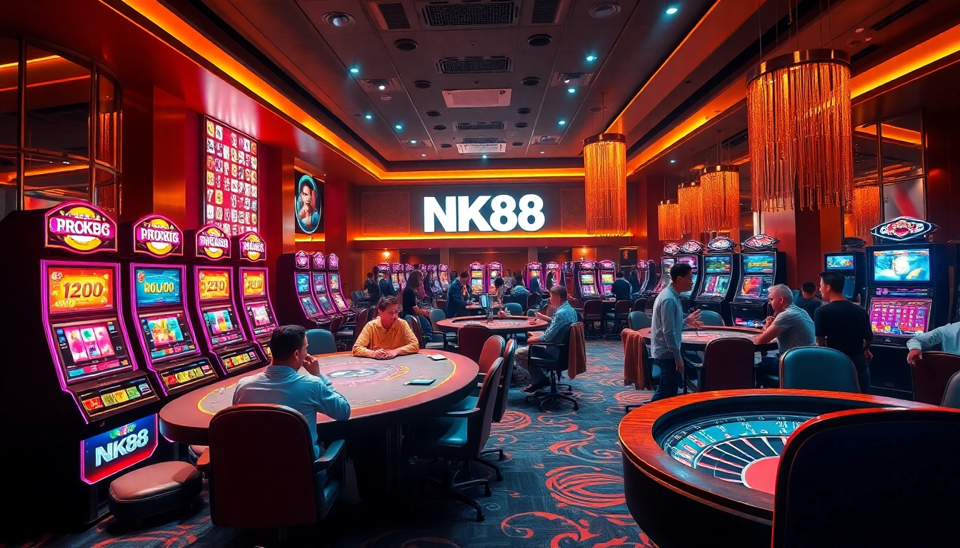 Engaging players at NK88 casino showcasing exciting poker, slot machines, and roulette in a luxurious environment.