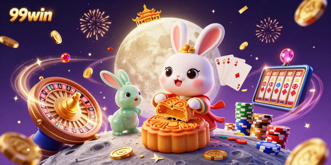 Engage with 99win's lunar casino scene showcasing the moon rabbit and vibrant gaming elements.