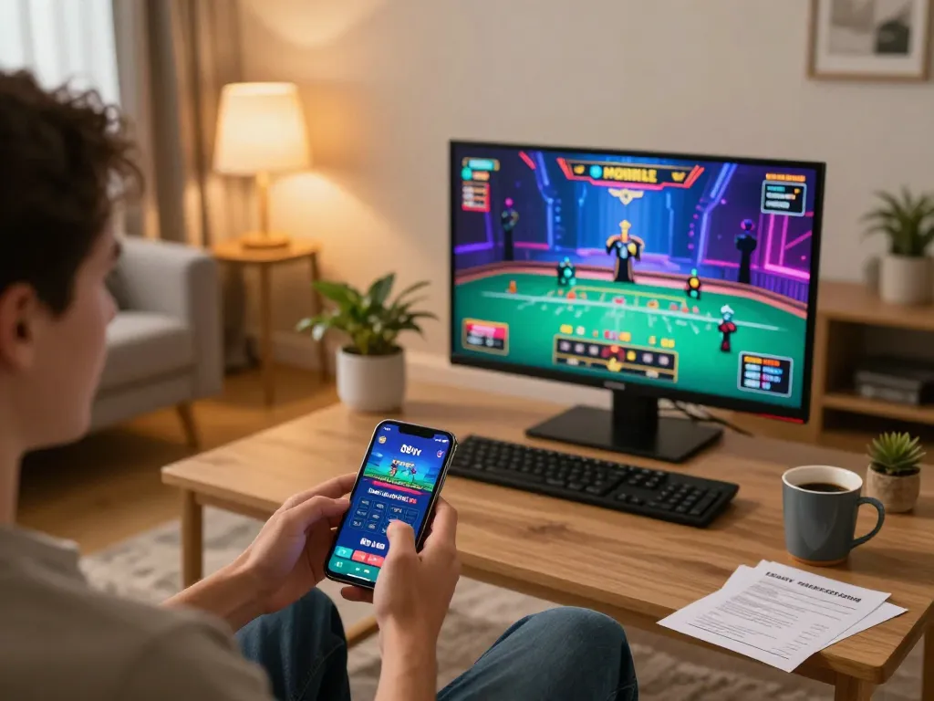 Person engaging with the 88vv app on a smartphone during a cozy home gaming session.