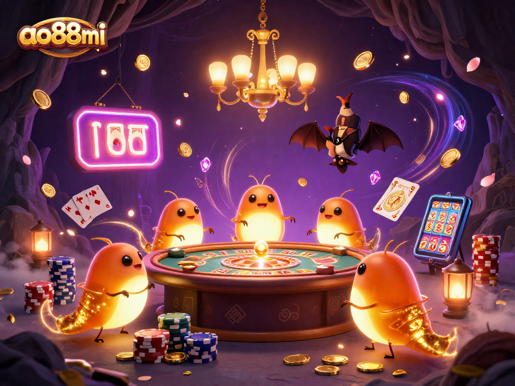 ao88mi casino glowworms illuminate a vibrant 3D cave scene with luck and winning potential