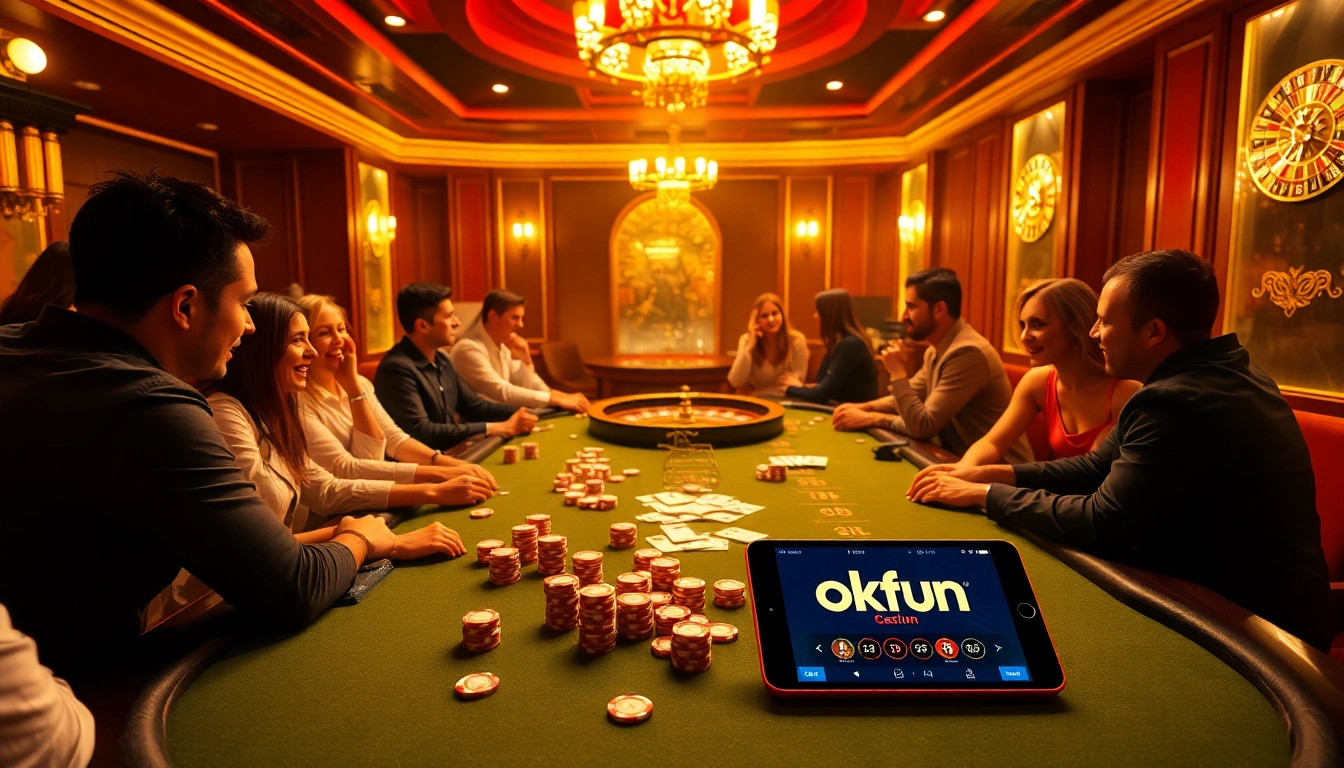 Experience an exciting casino atmosphere with Okfun, featuring poker chips, cards, and a roulette wheel.