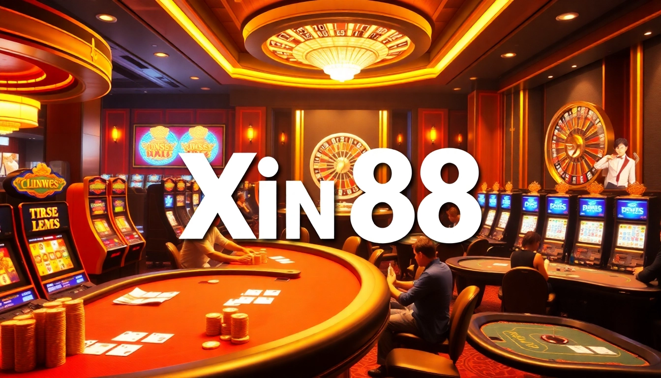 Exciting gambling scene at Xin 88 with poker tables and slot machines.