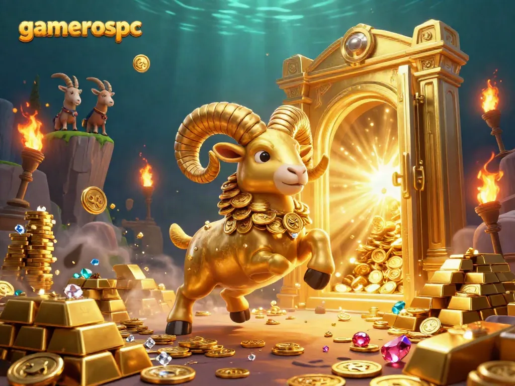 Engage in excitement with the gamerospc casino, featuring a golden ram charging through golden treasures and gems.