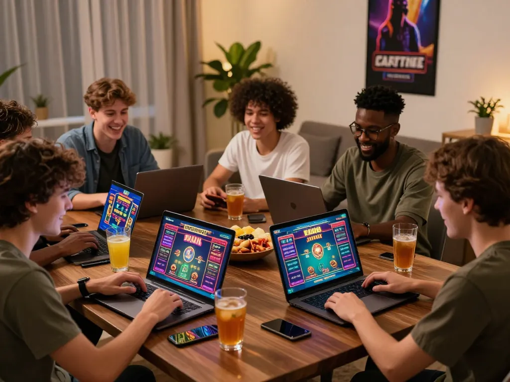 Engaging online gaming scene with friends enjoying Link đăng ký Lucky88 in a cozy living room.