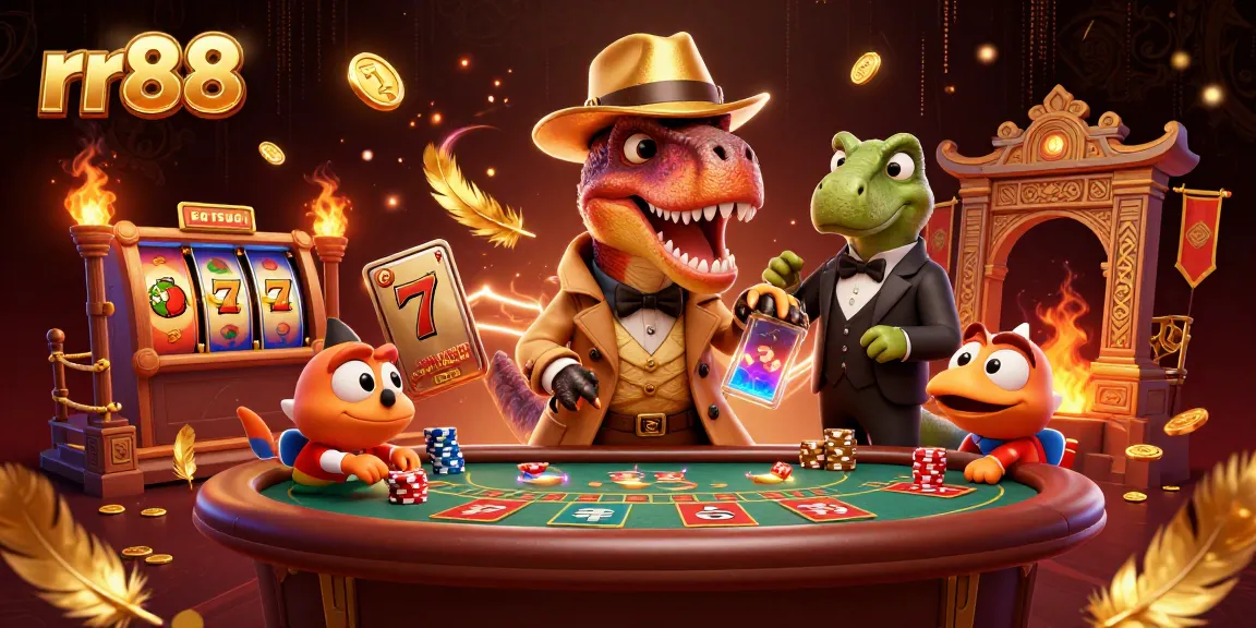 rr88 captivates with a sneaky velociraptor countering at a blackjack table surrounded by vibrant casino elements