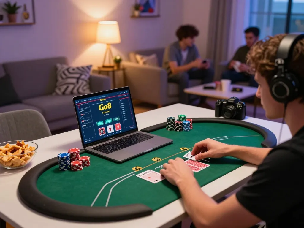 Engaged player enjoying poker on the Go8 platform in a cozy home setting with friends.