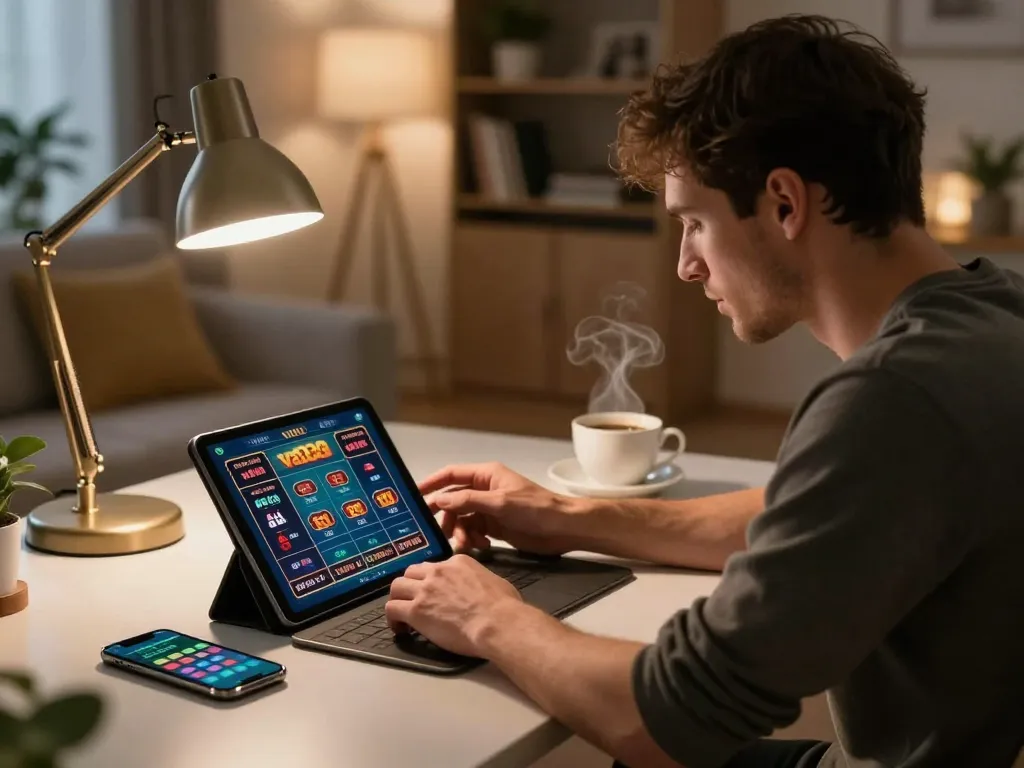 Gambling enthusiast using tablet for va88 casino games in a cozy home setup, enjoying strategic gameplay.