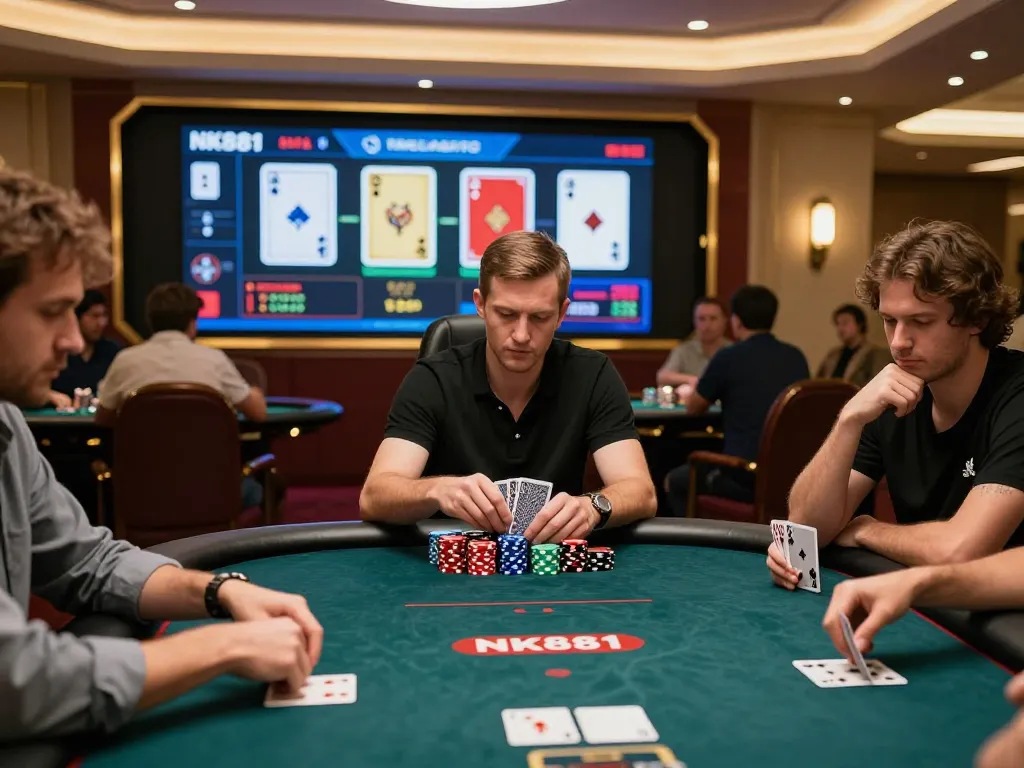 Players engaged in a high-stakes poker game at Nk881 sa com online casino, showcasing strategic gaming.