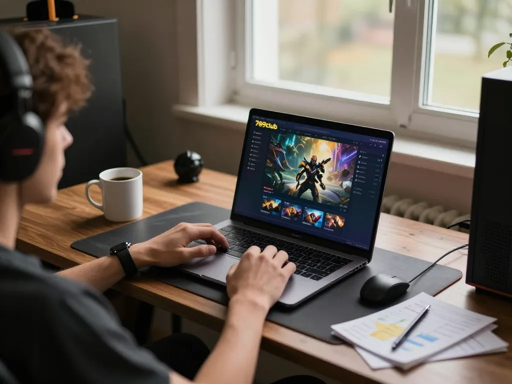 Engaging online gaming experience at 789club with user analyzing strategy on laptop