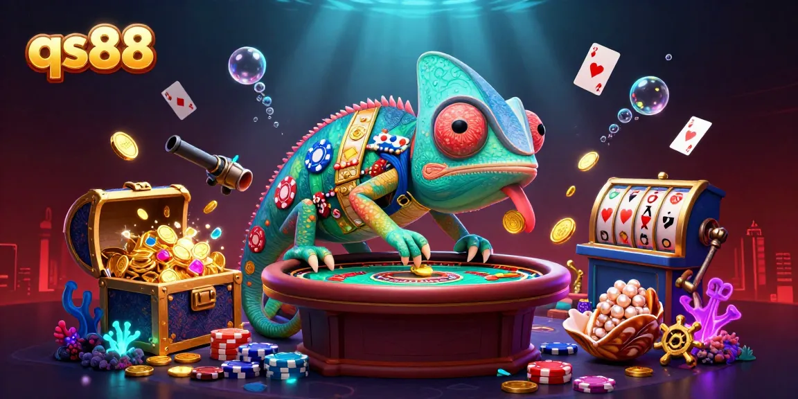 Engage with qs88's vibrant casino world, where a colorful chameleon owner and swirling treasures await.