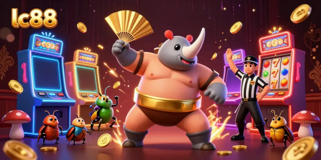 Witness the lc88 casino magic with a sumo champion beetle surrounded by vibrant slot machines.